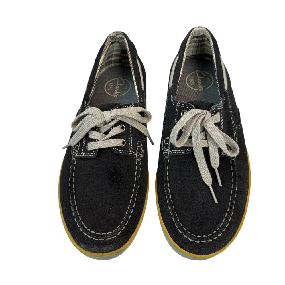 Clarks Boat Shoes 10M Navy Blue Suede Leather Plaid Lining 63561